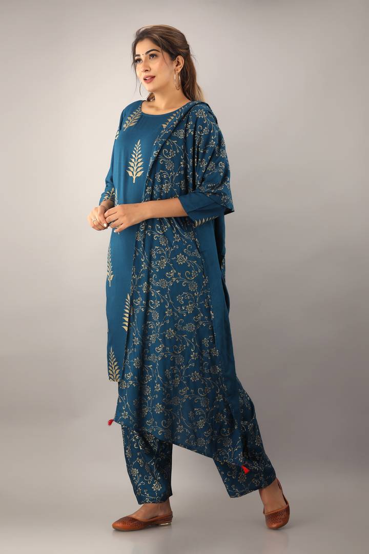 Stylish Rayon Teal Printed Kurta With Palazzo And Dupatta Set
